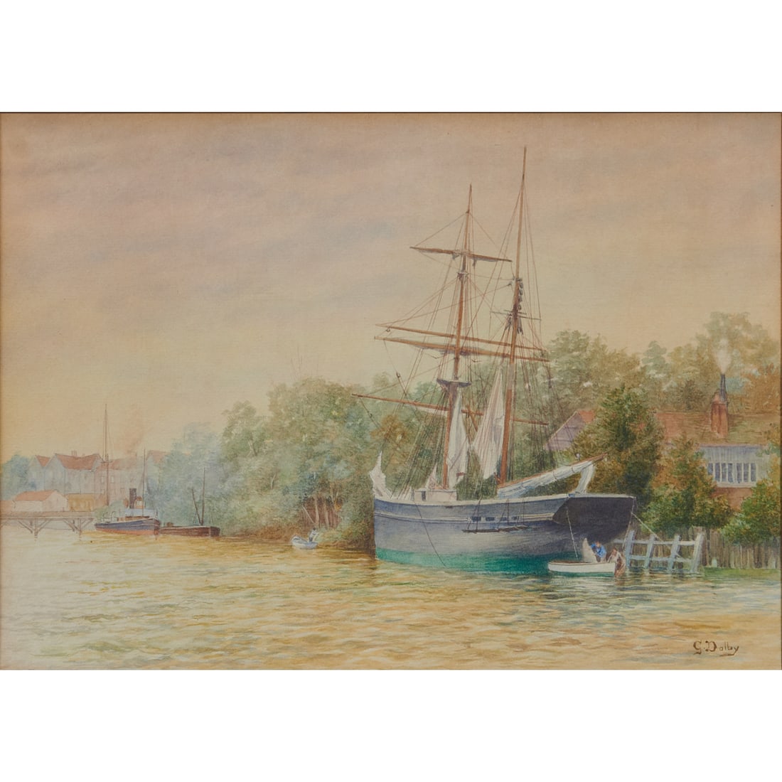 George Dolby, A Morning on the Gironde, Watercolor: George Dolby (English, 1831-1900), "A Morning on the Gironde (Near Bordeaux), watercolor, [approximate dimensions - sight: 10 1/8" H x 14 1/4" W], signed 'G Dolby' at lower right. Notes: This lot