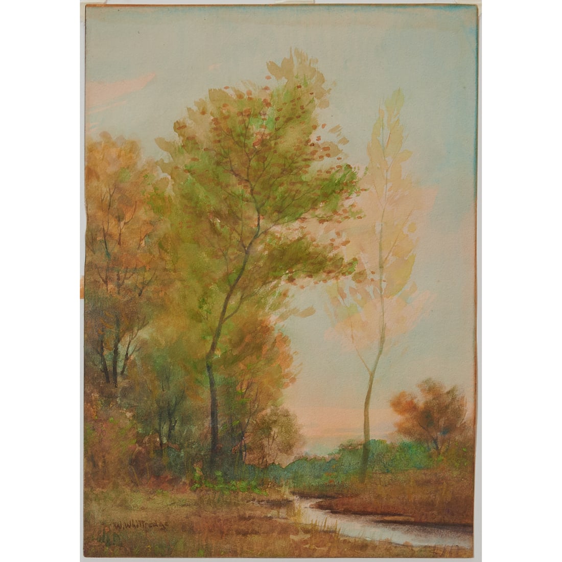 Worthington Whittredge, Landscape with Stream, Watercolor: Worthington (Thomas) Whittredge (American, 1820-1910), Landscape with Stream, watercolor on heavy stock paper, [approximate dimensions - sight: 14" H x 10" W, sheet: 14 5/8" x 10 3/8" W], signed 'W. W