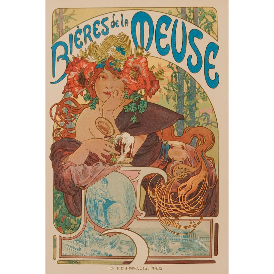 Alphonse Mucha, Bieres de la Meuse, Lithograph: Alphonse Mucha (Czech, 1860-1939), "Bières de la Meuse," 1899, color lithograph, 'Les Maîtres de l'Affiche' Pl. 182, printed by Chaix, Paris; [Approximate dimensions - sight, including lo