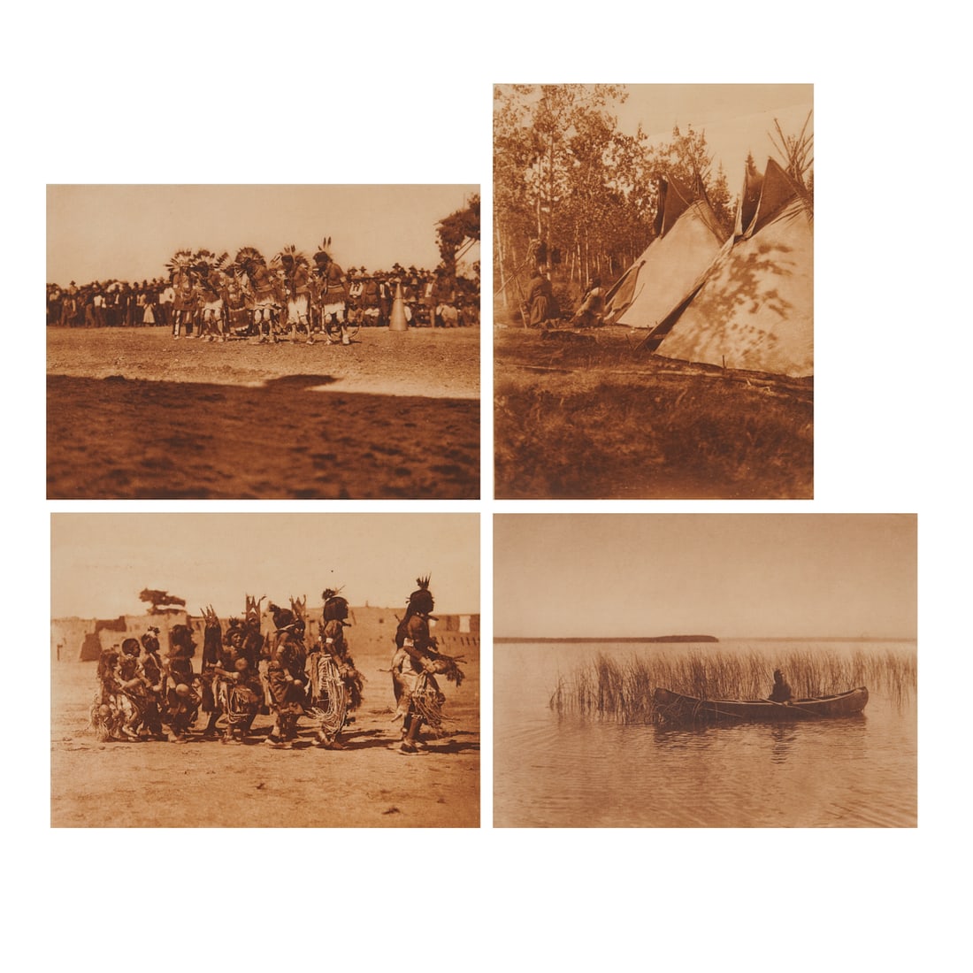 Edward Curtis, Four Native American Photogravures: Edward Sherriff Curtis (American, 1868-1952), Four Native American Photogravures on Tissue, including (i) "Good-Luck Dance by San Juan Hunters," (ii) "Lac Les Isles-Cree," (iii) "Tablita Dance-San Ild