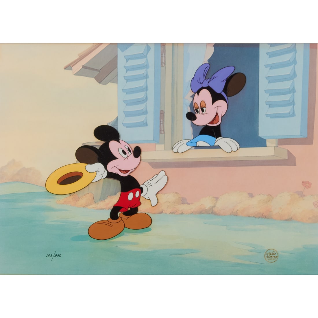 Walt Disney Studios, Mickey and Minnie Mouse, Animation Cel: Walt Disney Studios (1923-present), Mickey and Minnie Mouse from "The Little Whirlwind," 1941, Scene 12: Mickey approaches a flirtatious Minnie, hoping for a piece of fresh pie; animation cel, Mickey 