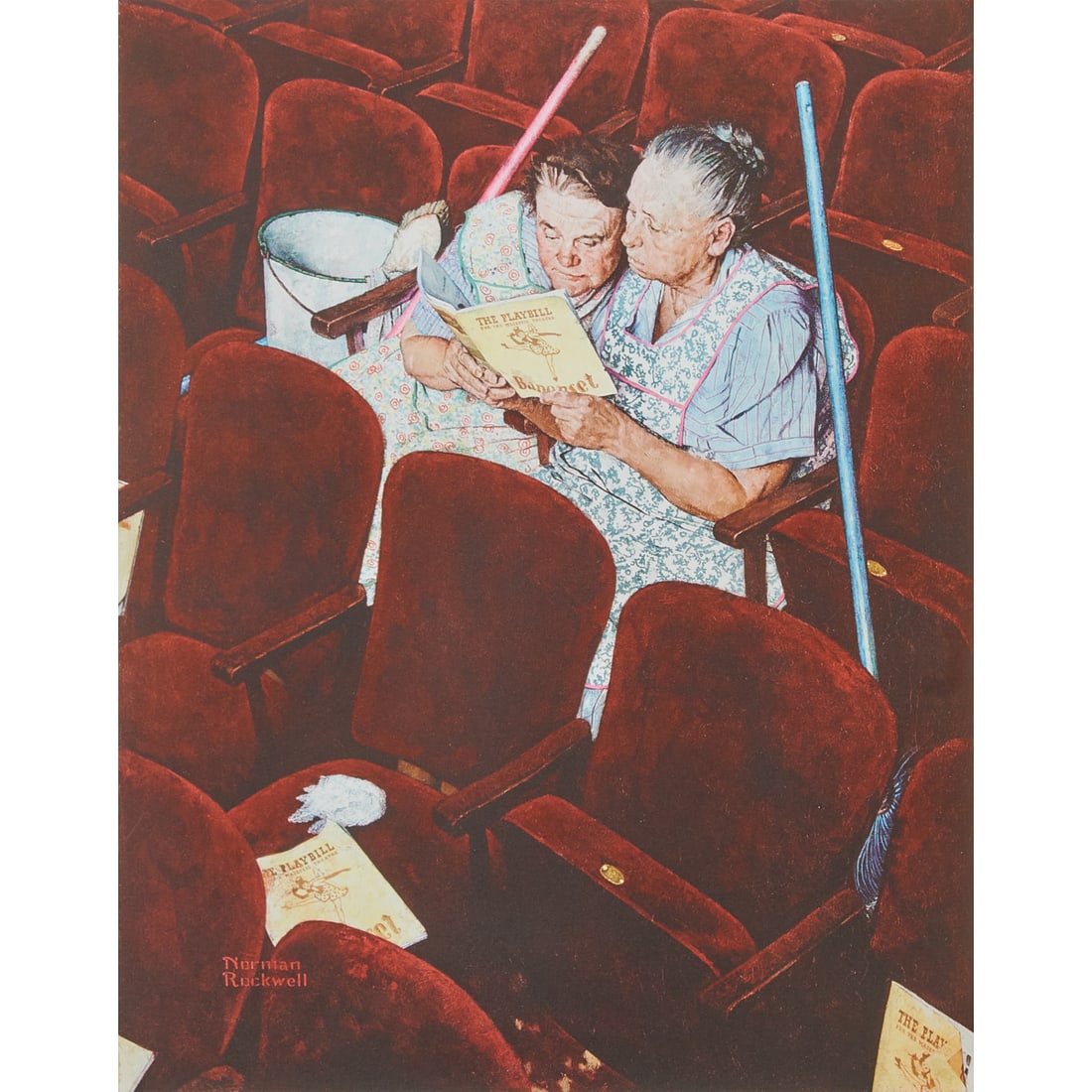 Norman Rockwell, Charwomen in Theater, Collotype: Norman Rockwell (American, 1894-1978), "Charwomen in Theater," 1976, collotype on BFK Rives, printing in eight colors, [approximate dimensions - plate: 25 1/2" H x 19 7/8" W], signed in plate at lower