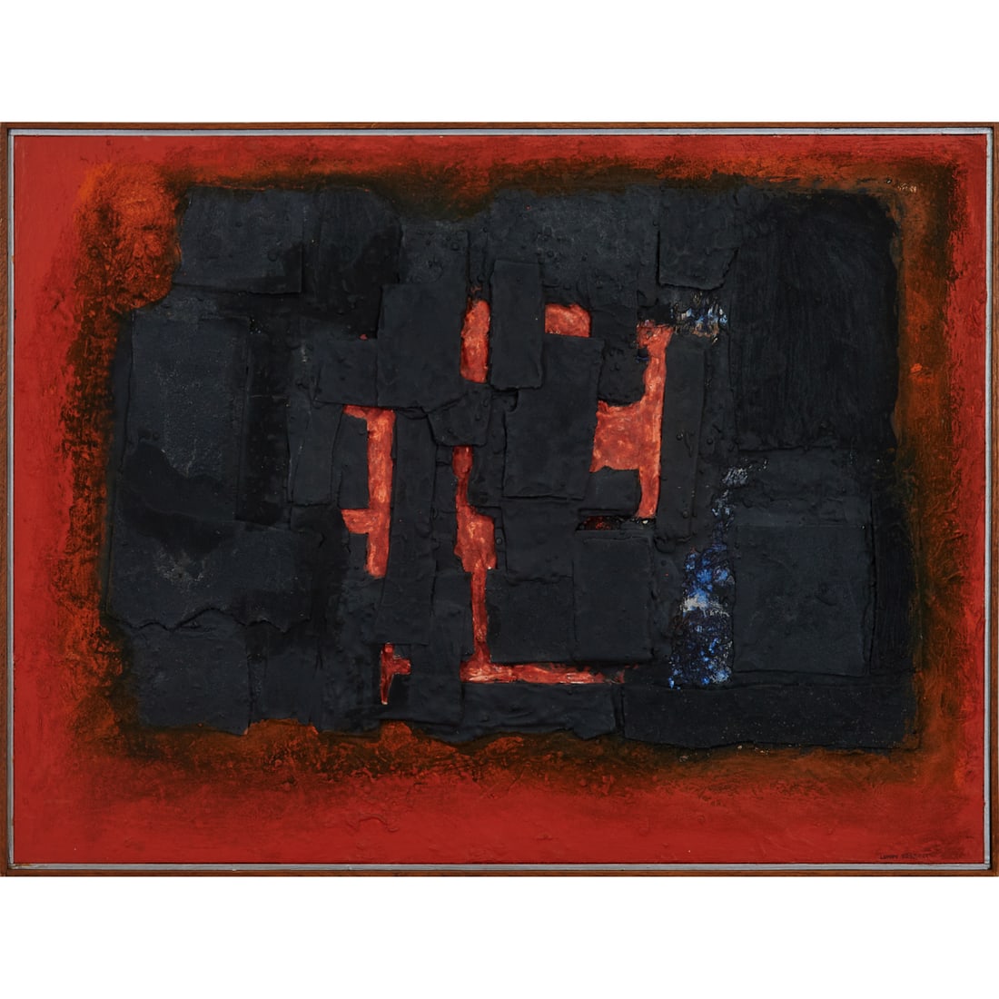 Lundy Siegriest, Black and Orange Relief, Mixed Media: Louis Lundy Siegriest Jr. (American, 1925-1985), "Black and Orange Relief," mixed media on panel, [approximate dimensions - 36" H x 48" W], signed 'Lundy Siegriest' at lower right. Titled inscribed an