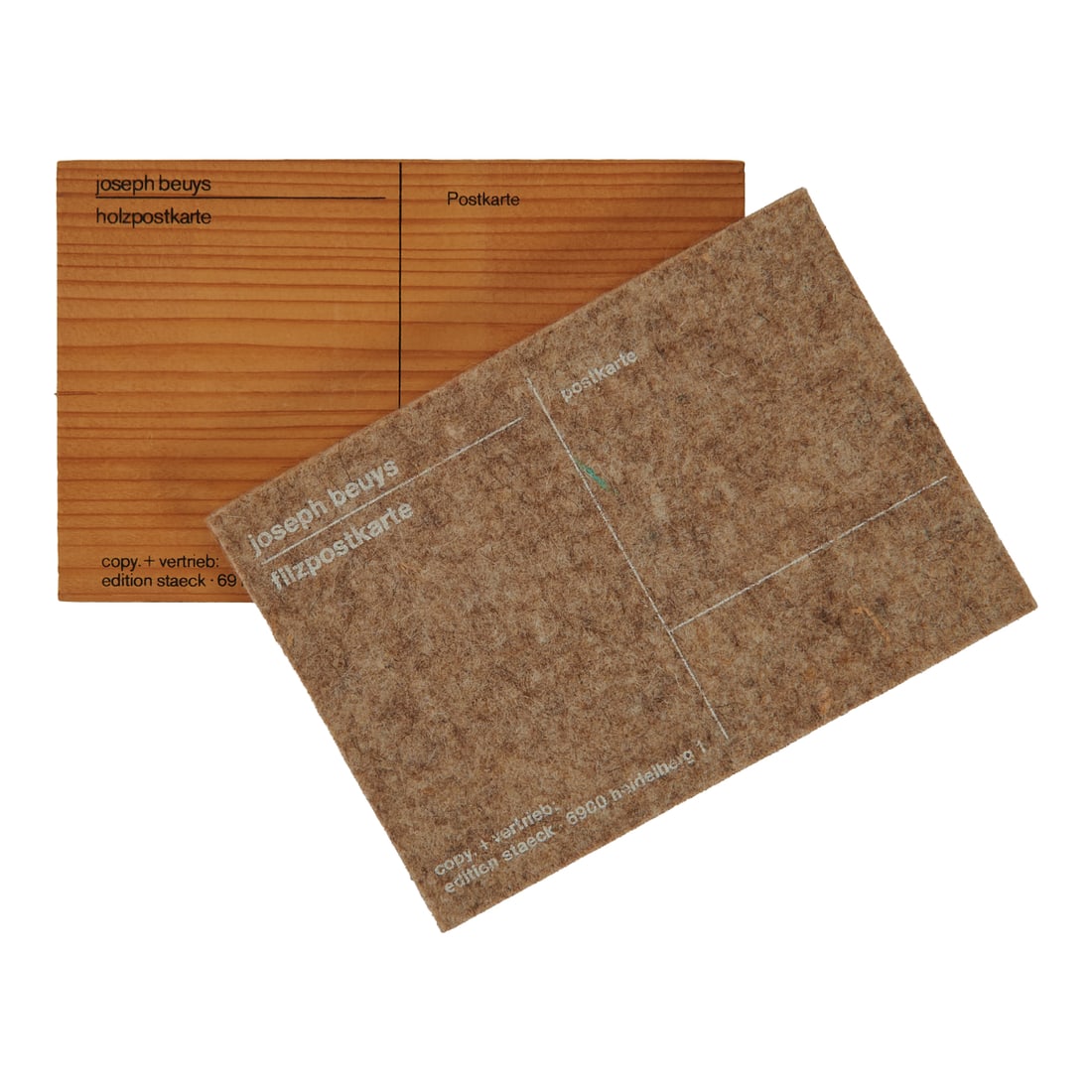 Joseph Beuys, Two Screenprint Postcards, Felt and Wood: Joseph Beuys (German, 1921-1986), Two Screenprints Postcards, one on felt and one on wood. Name printed on top upper left corner of both. {Approximate dimensions: Felt: 5 7/8" L. x 4 1/8" W. x 3/8"