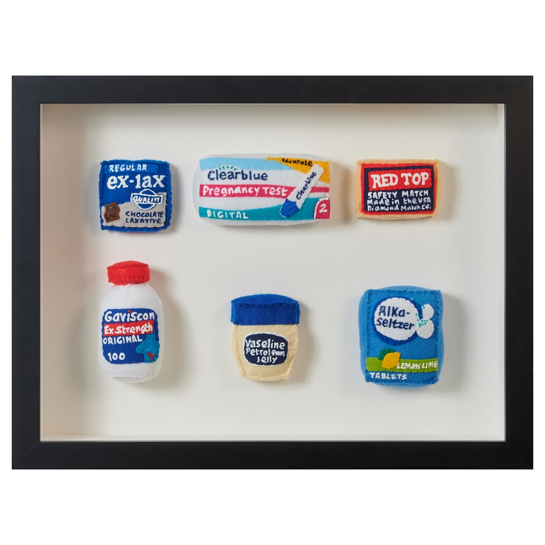 Lucy Sparrow, Sparrow Mart and Toiletries, Hand-Stitched Felt: Lucy Sparrow (English, born 1986), Sparrow Mart and Toiletries, framed hand-stitched stuffed felt and paint pen. Sparrow Mart and toiletries include Ex-Lax, Clear Blue Pregnancy Test, Red Top,