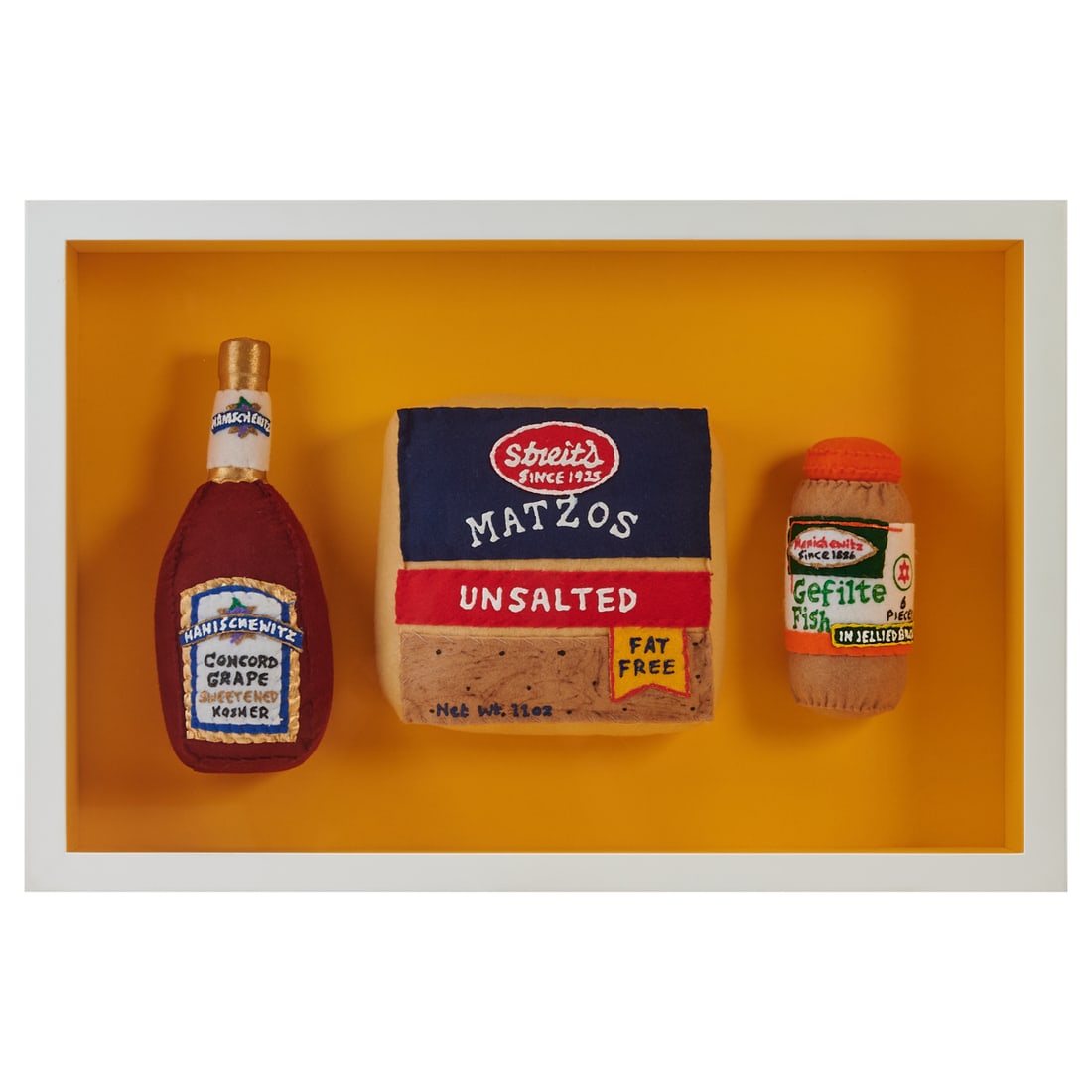 Lucy Sparrow, Pantry Items, Hand-Stitched Felt: Lucy Sparrow (English, born 1986), Pantry Items, framed hand-stitched stuffed felt and paint pen. Pantry items includes a Manischewitz Concord Grape, Streit's Matzos Unsalted, and Manischewitz
