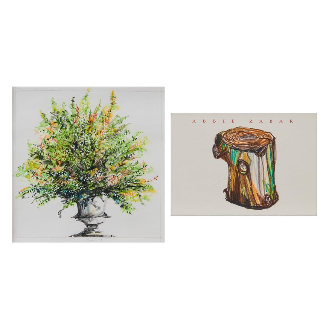 Abbie Zabar, Two Colored Pencil on Paper: Abbie Zabar (American, 20th/21st Century), Two colored pencil on paper including (i) "July 10-12, 1997," (Flower Pot), for the Horticultural Society of New York, Exhibited in 2000, [sight: 7 1/4" H x