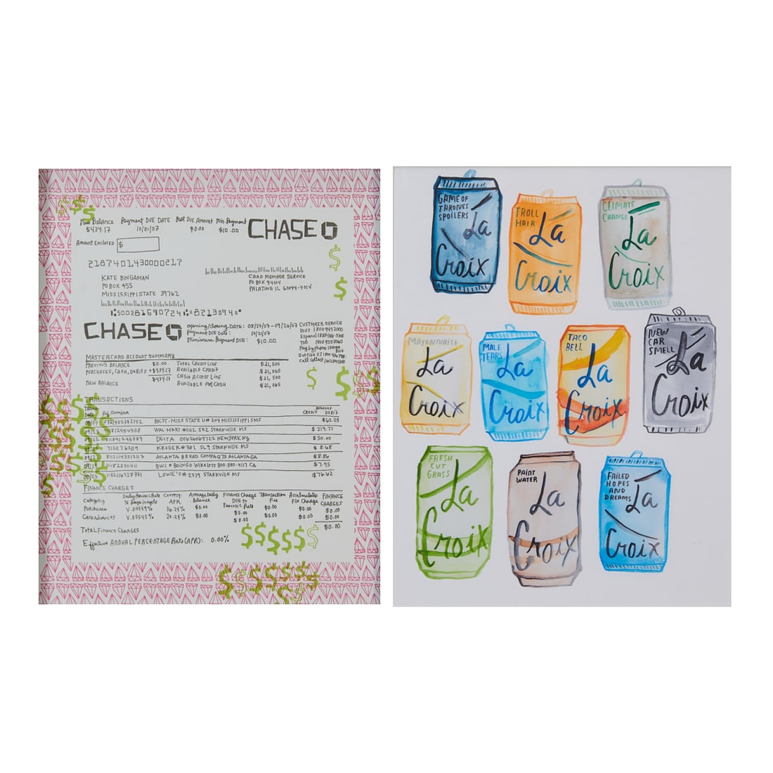 Kate Bingaman-Burt, Two Framed Prints: Kate Bingaman-Burt (American, 20th/21st Century), Two Prints, including (i) "Chase Statement," letterpress print, [sight: 9 1/2" H x 71/2" W], unsigned; (ii) "Rejected La Croix," archival print on