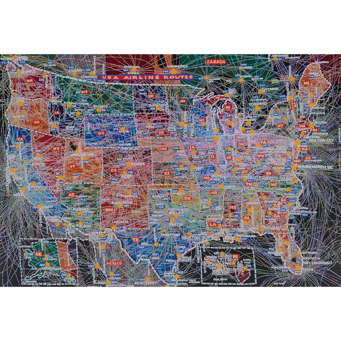 Paula Scher, USA Airline Routes, Digital Print on Paper: Paula Scher (American, born 1948), "US Airline Routes," 2020, digital pigment print in colors on wove paper, [approximate dimensions - plate: 37" H x 54" W, sheet: 46" H x 62" W], numbered 16/90,