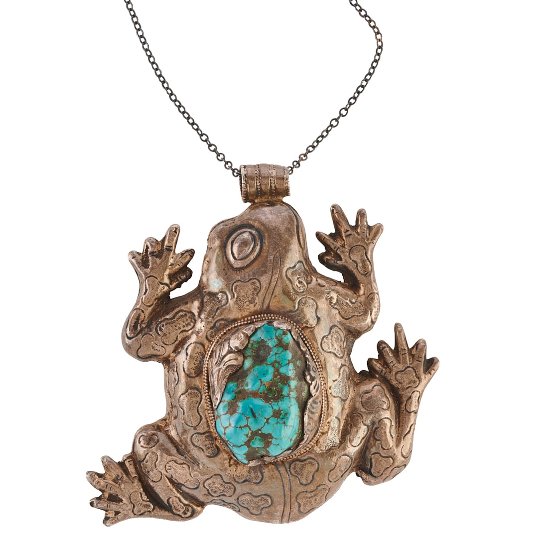 Asian Turquoise, Silver Frog Pendant: Asian Turquoise, Silver Frog Pendant. Designed as a frog, the back featuring a large turquoise segment, set in a silver mounting measuring approximately 5 1/4 x 5 inches. {Gross Weight: 234.7 dwts}