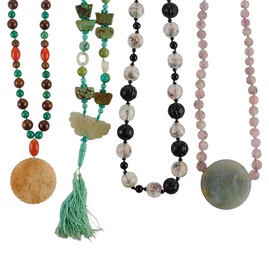 Collection of Four Asian Necklaces Including Fumiko Ukai: Collection of Four Asian Necklaces Including Fumiko Ukai. Including one reverse painted glass bead, carved black bead, 36 inch continuous necklace; one carved jade and turquoise butterfly bead, turquo