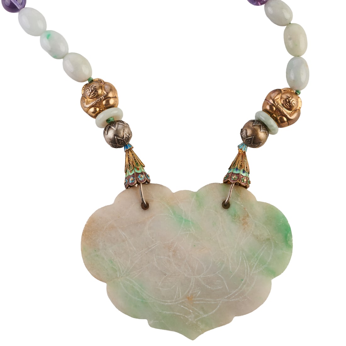 Chinese Jade, Amethyst, Enamel, Silver Necklace: Chinese Jade, Amethyst, Enamel, Silver Necklace. Featuring one carved jade pendant measuring approximately 72 x 97 mm, suspended from a strand of jade and amethyst beads, accented by enamel, silver be
