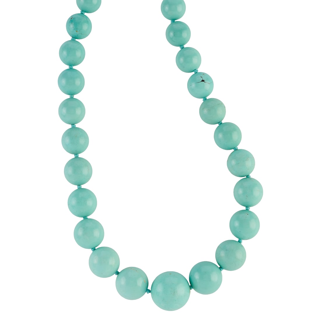 Large Chinese Turquoise Bead, Silver Gilt Filigree Necklace: Large Chinese Turquoise Bead, Silver-Gilt Filigree Necklace. Comprised of fifty-eight round turquoise beads ranging in size from approximately 30 mm to 13.7 mm, completed by a silver-gilt filigree cla