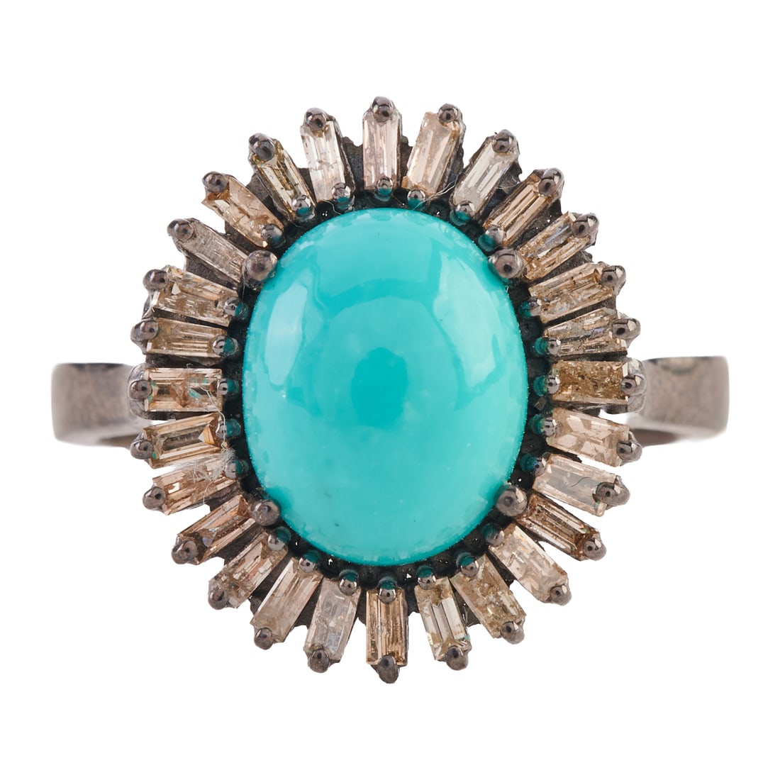 Turquoise, Diamond, Oxidized Silver Ring: Turquoise, Diamond, Oxidized Silver Ring. Featuring one oval shaped turquoise cabochon measuring approximately 9.9 x 8.4 mm, surrounded by tapered baguette diamonds, set in an oxidized silver mounting