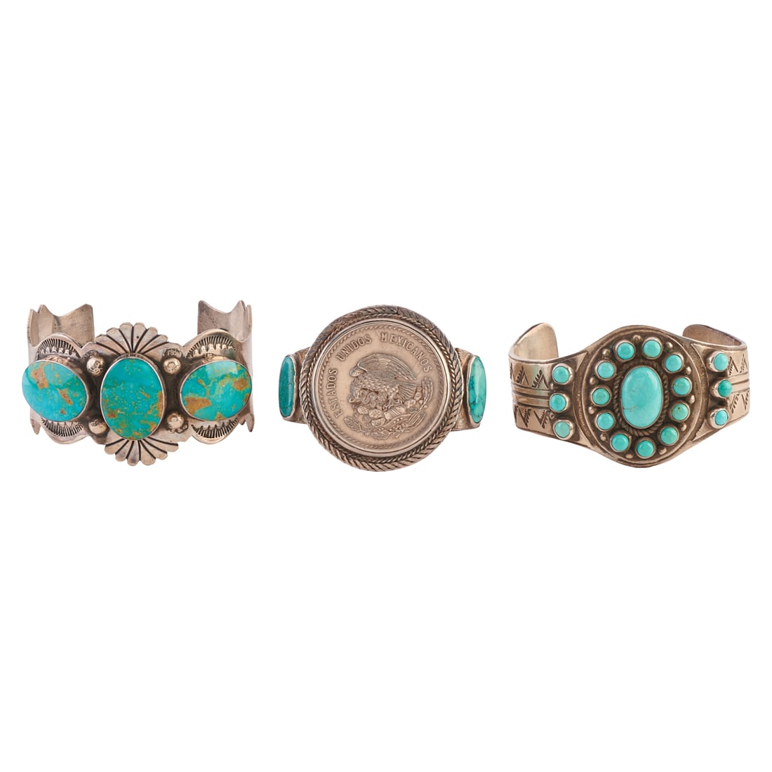 Collection of Three Native American Turquoise, Silver Cuff Bracelets: Collection of Three Native American Turquoise, Silver Cuff Bracelets. Including one Mexican silver coin, turquoise cabochon, silver cuff bracelet measuring approximately 50 mm in width and with an