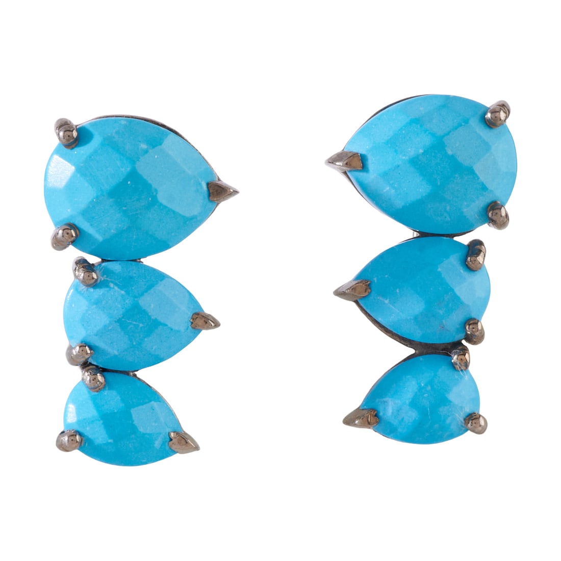 Pair of Turquoise, Oxidized Silver Earrings: Pair of Turquoise, Oxidized Silver Earrings. Each featuring three graduated pear shaped, faceted-top turquoise cabochon, set in an oxidized silver mounting measuring approximately 20 x 11 mm. {Gross
