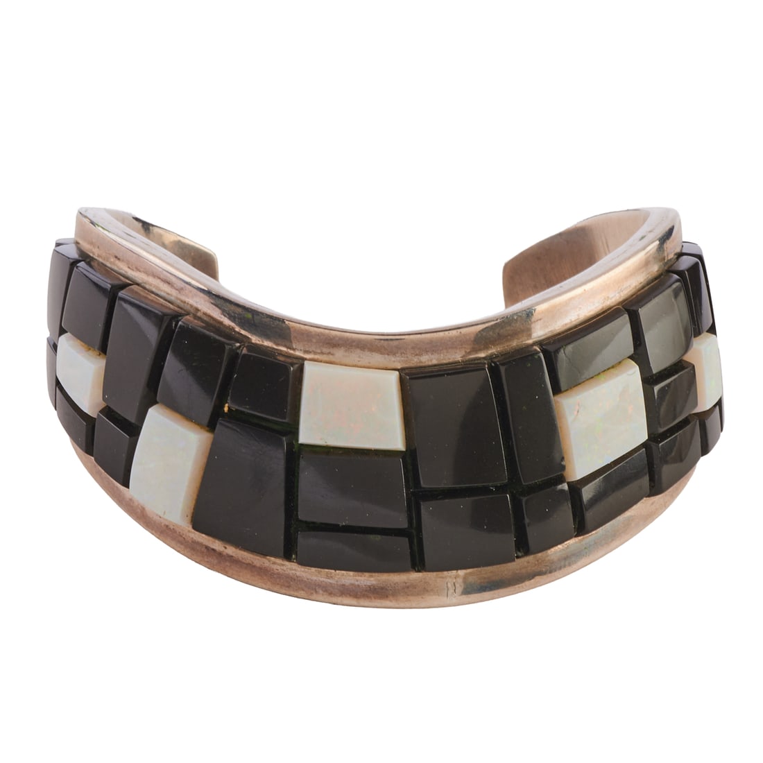 Native American Jackson Black Onyx, Opal Cobblestone, Sterling Silver Bracelet: Native American Jackson Black Onyx, Opal Cobblestone, Sterling Silver Bracelet. Featuring varying shaped black onyx and opal segments, set in a cobblestone motif in a sterling silver cuff mounting