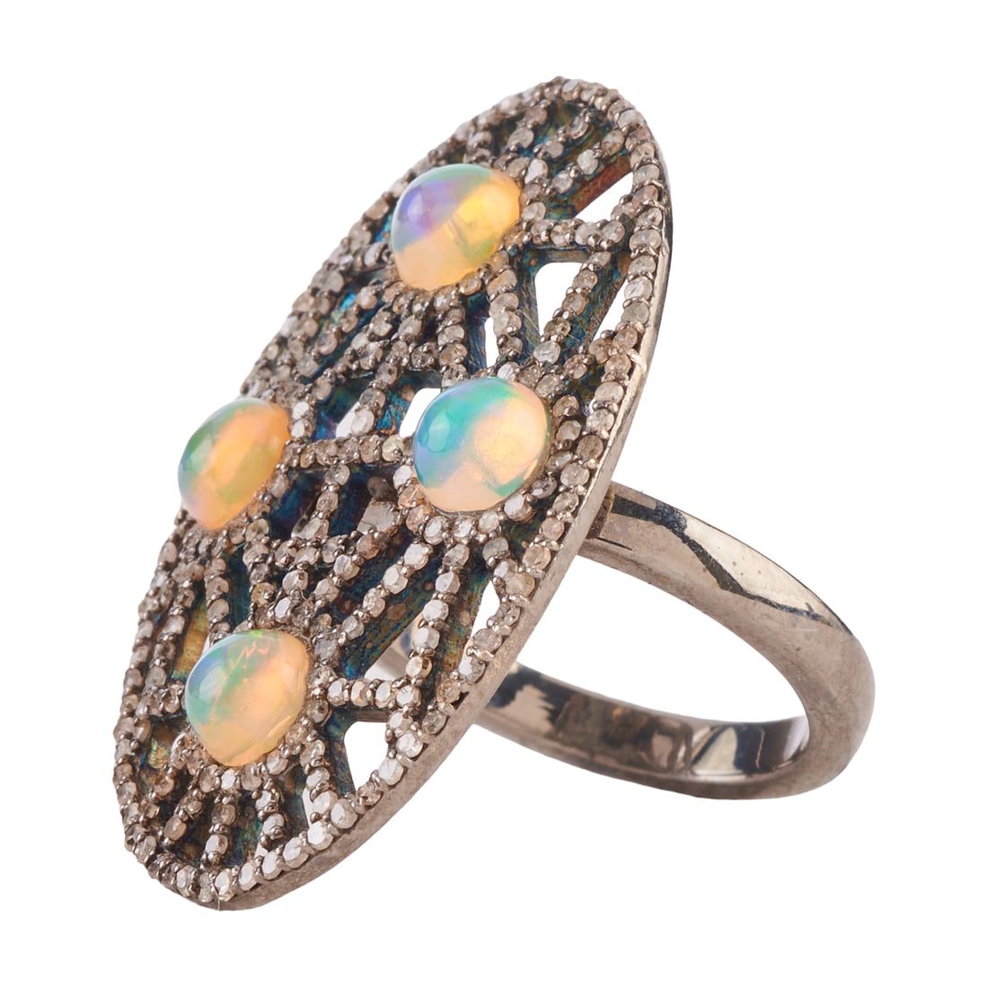 Opal, Diamond, Oxidized Silver Ring - 2