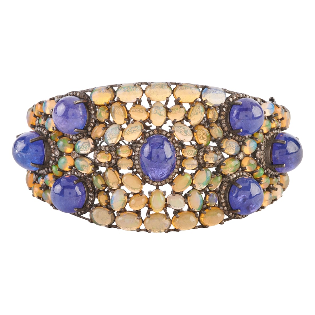 Tanzanite, Opal, Diamond, Oxidized Silver Bracelet: Tanzanite, Opal, Diamond, Oxidized Silver Bracelet. Featuring seven round and oval shaped tanzanite cabochons ranging in size from approximately 13.7 x 10.8 mm to 10 mm, accented by numerous oval