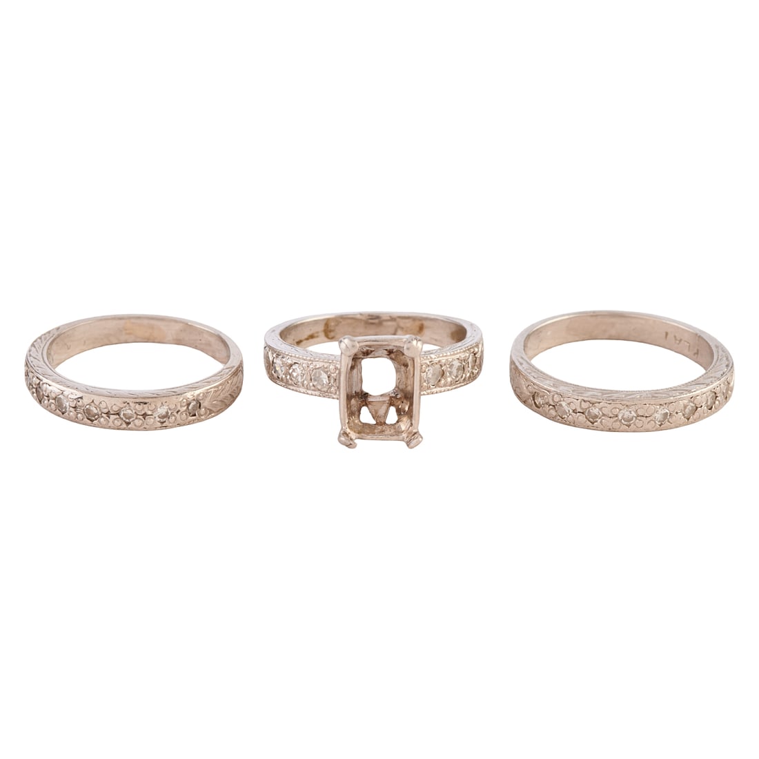 Diamond, Platinum Ring Semi-Mounting with Two Bands: Diamond, Platinum Ring Semi-Mounting with Two Bands. Including one emerald-cut four prong head, diamond, platinum ring semi-mounting, size 4 together with two matching diamond, platinum stacking bands