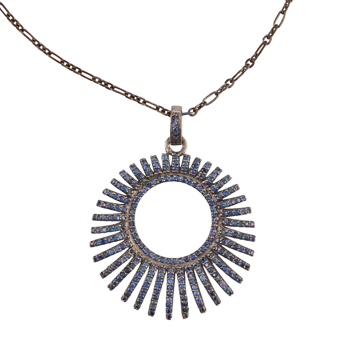 Sapphire, Oxidized Silver Necklace: Sapphire, Oxidized Silver Necklace. Featuring numerous round-cut sapphires, set in an oxidized silver circle fringe style mounting measuring approximately 39 x 30 mm, suspended from an oxidized silver