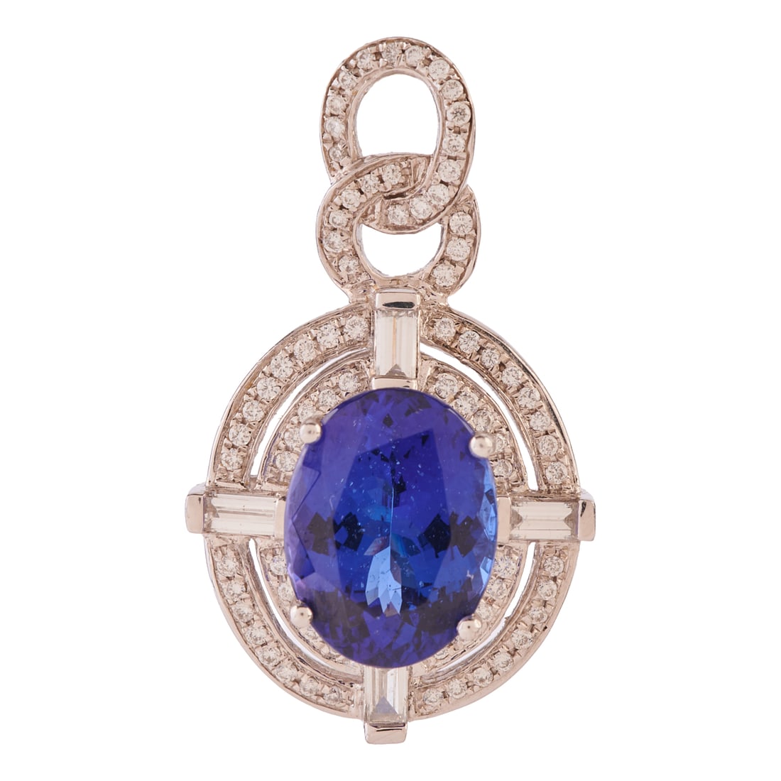 Tanzanite, Diamond, Platinum Pendant: Tanzanite, Diamond, Platinum Pendant. Featuring one oval-cut tanzanite weighing approximately 7.25 cts., accented by four baguette-cut and seventy-six full-cut diamonds weighing a total of
