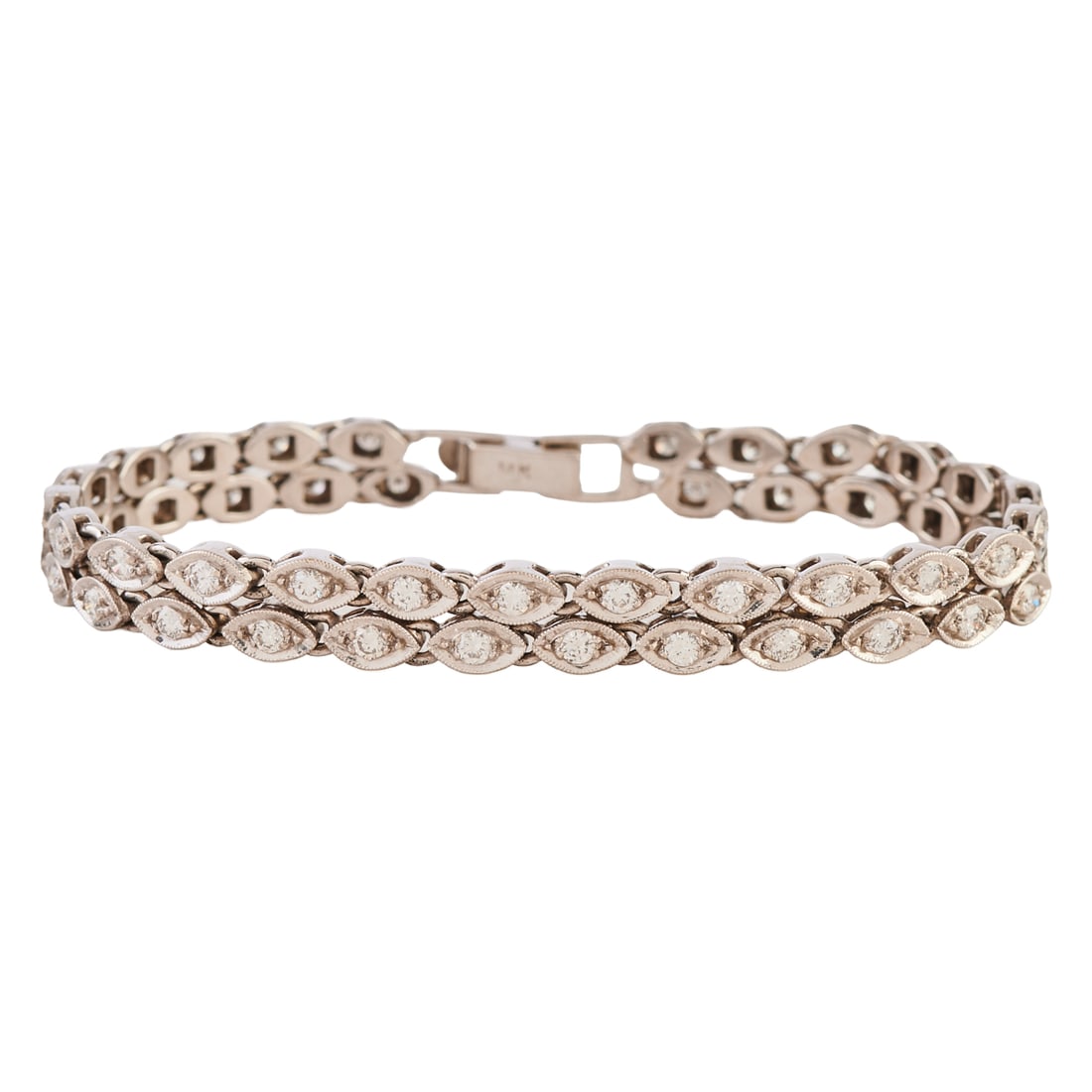 Diamond, 14k White Gold Bracelet: Diamond, 14k White Gold Bracelet. Featuring forty-eight full-cut diamonds weighing a total of approximately 1.50 cttw., set in a 14k white gold mounting, completed by a fold over clasp, forming a 6 in