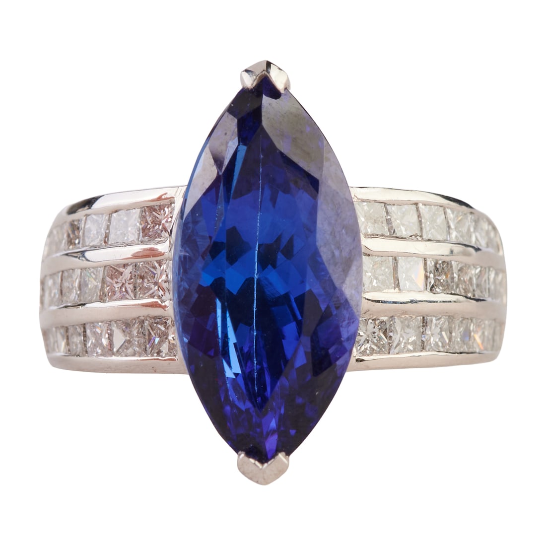Rhapsody Tanzanite, Diamond, Platinum Ring: Rhapsody Tanzanite, Diamond, Platinum Ring. Featuring one marquise-cut tanzanite weighing approximately 5.40 cts., accented by forty-two princess-cut diamonds weighing a total of approximately 1.50