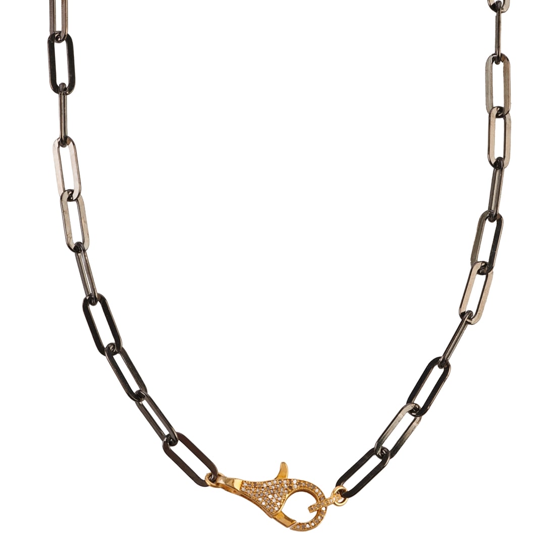 Diamond, Vermeil, Oxidized Silver Necklace: Diamond, Vermeil, Oxidized Silver Necklace. Featuring numerous round-cut diamonds, set in a vermeil lobster claw clasp mounting, suspended from oxidized paperclip links, forming a 20 inch necklace.