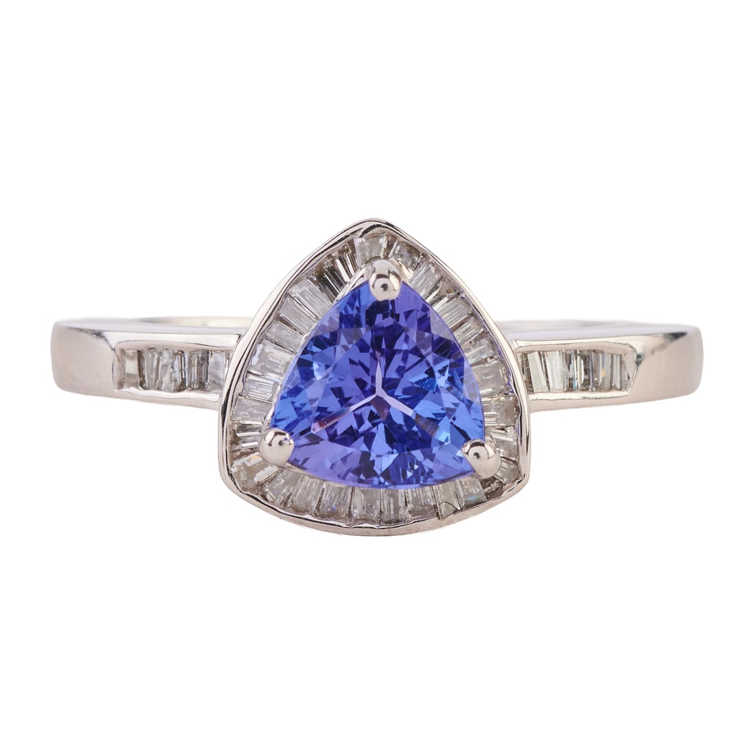 Tanzanite, Diamond, 14k White Gold Ring: Tanzanite, Diamond, 14k White Gold Ring. Featuring one triangular-cut tanzanite weighing approximately 1.00 ct., accented by tapered baguette-cut diamonds, set in a 14k white gold mounting. {Size: 7,