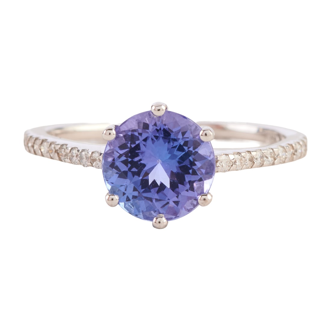 Tanzanite, Diamond, 14k White Gold Ring: Tanzanite, Diamond, 14k White Gold Ring. Featuring one round-cut tanzanite weighing approximately 1.70 ct., accented by round-cut diamonds, set in a 14k white gold mounting. {Size: 6 3/4, Gross Weight