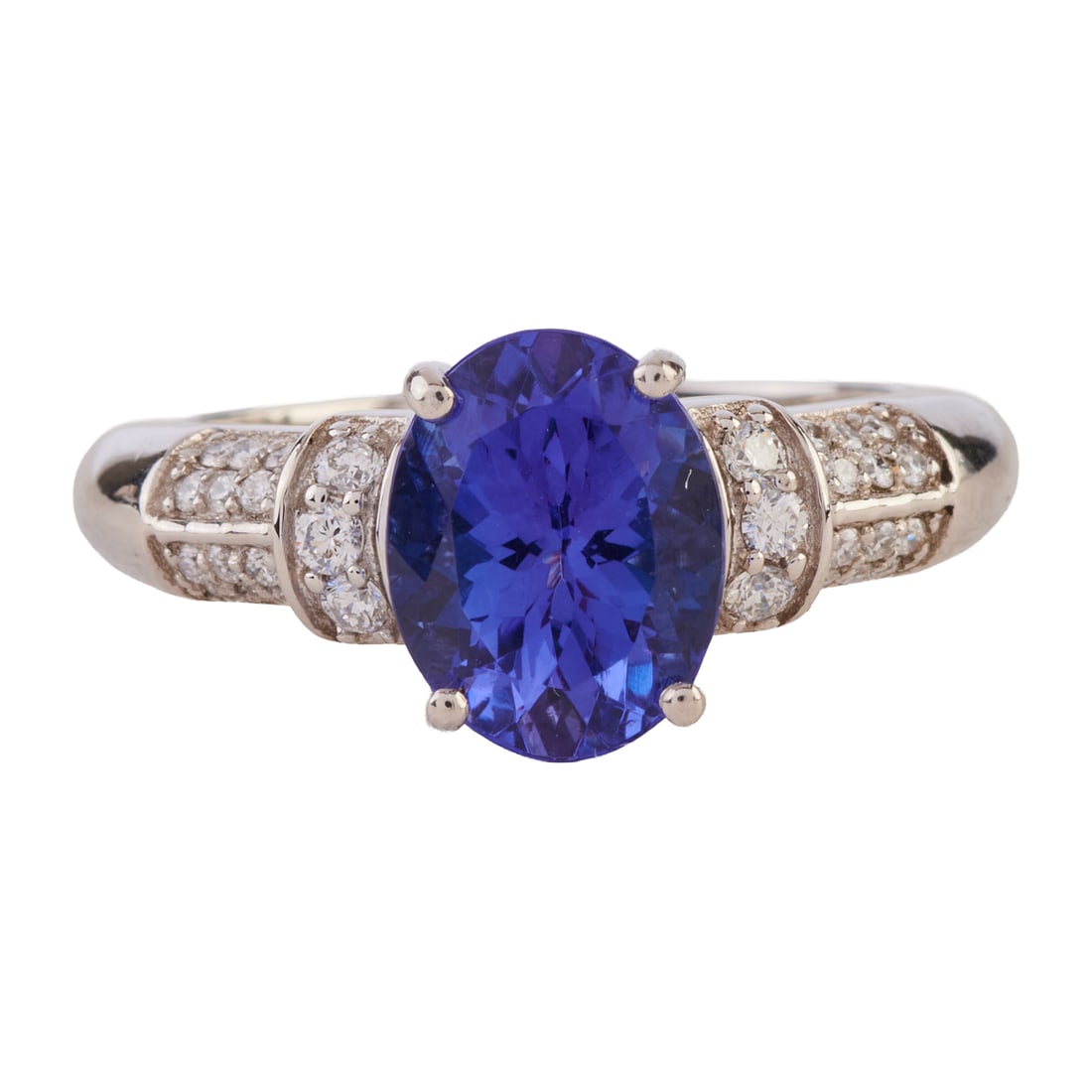 Rhapsody Tanzanite, Diamond, Platinum Ring: Rhapsody Tanzanite, Diamond, Platinum Ring. Featuring one oval-cut tanzanite weighing approximately 2.50 cts., accented by thirty full-cut diamonds weighing a total of approximately 0.15 cttw., set