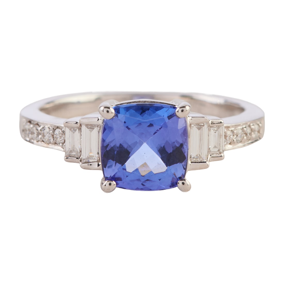 Tanzanite, Diamond, 14k White Gold Ring: Tanzanite, Diamond, 14k White Gold Ring. Featuring one cushion-cut tanzanite weighing approximately 1.50 ct., accented by four baguette-cut and eight full-cut diamonds, set in a 14k white gold mountin