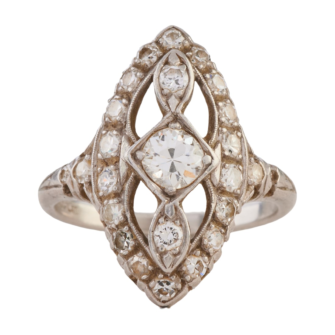Vintage Diamond, Platinum Ring: Vintage Diamond, Platinum Ring. Featuring three full-cut diamonds weighing a total of approximately 0.35 cttw., accented by twenty-two single-cut diamonds weighing a total of approximately 0.30