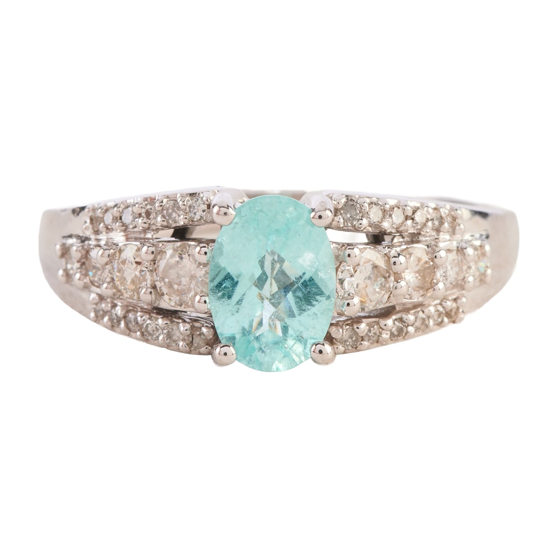 Paraiba Colored Tourmaline, Diamond, 14k White Gold Ring: Paraiba Colored Tourmaline, Diamond, 14k White Gold Ring. Featuring one oval shaped, faceted-top Paraiba colored tourmaline measuring approximately 7 x 5 mm, accented by thirty-two full-cut diamonds