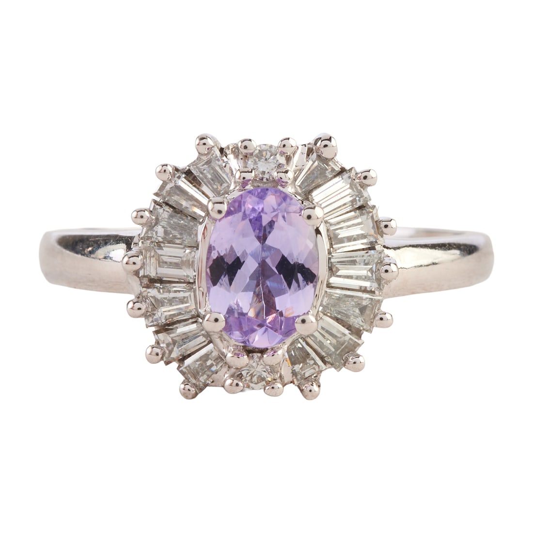 Iliana Spinel, Diamond, 18k White Gold Ring: Iliana Spinel, Diamond, 18k White Gold Ring. Featuring one oval-cut spinel, accented by full-cut and tapered baguette-cut diamonds, set in an 18k white gold mounting. {Size: 7, Gross Weight: 3.0 dwts}