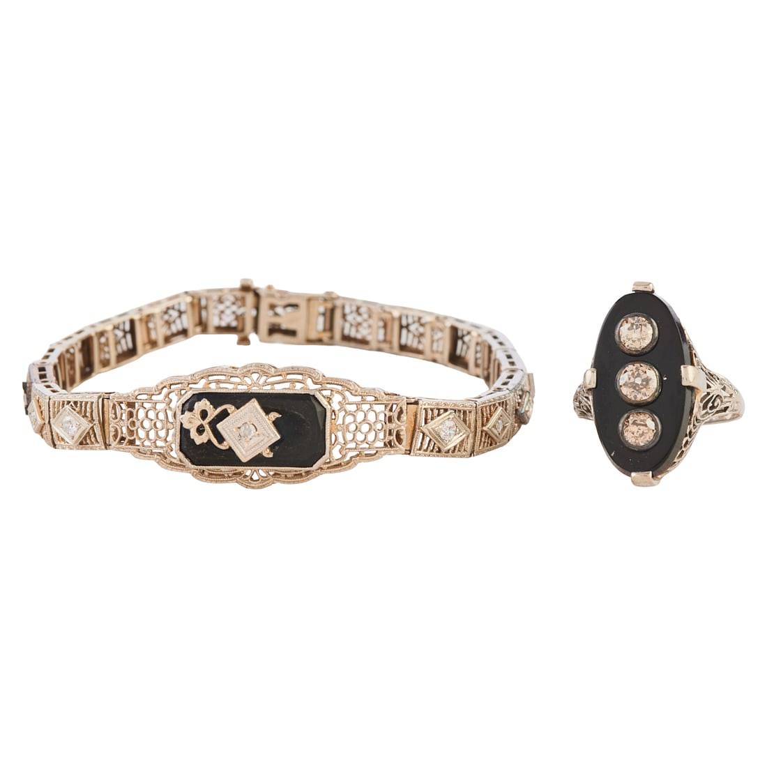 Art Deco Diamond, Black Onyx, White Gold Filigree Jewelry Suite: Art Deco Diamond, Black Onyx, White Gold Filigree Jewelry Suite. Incuding one old mine-cut diamond, black onyx, 14k white gold filigree ring, size 6 3/4 together with a diamond, black onyx, 10k white 