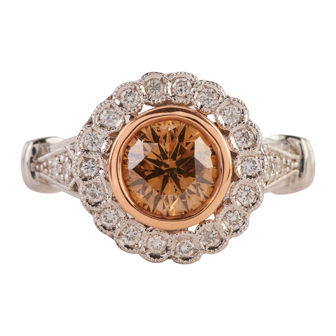 Brown Diamond, Diamond, 14k Gold Ring: Brown Diamond, Diamond, 14k Gold Ring. Centering one round brilliant-cut brown diamond weighing approximately 1.41 ct., accented by twenty-two full-cut diamonds weighing a total of approximately 0.30 
