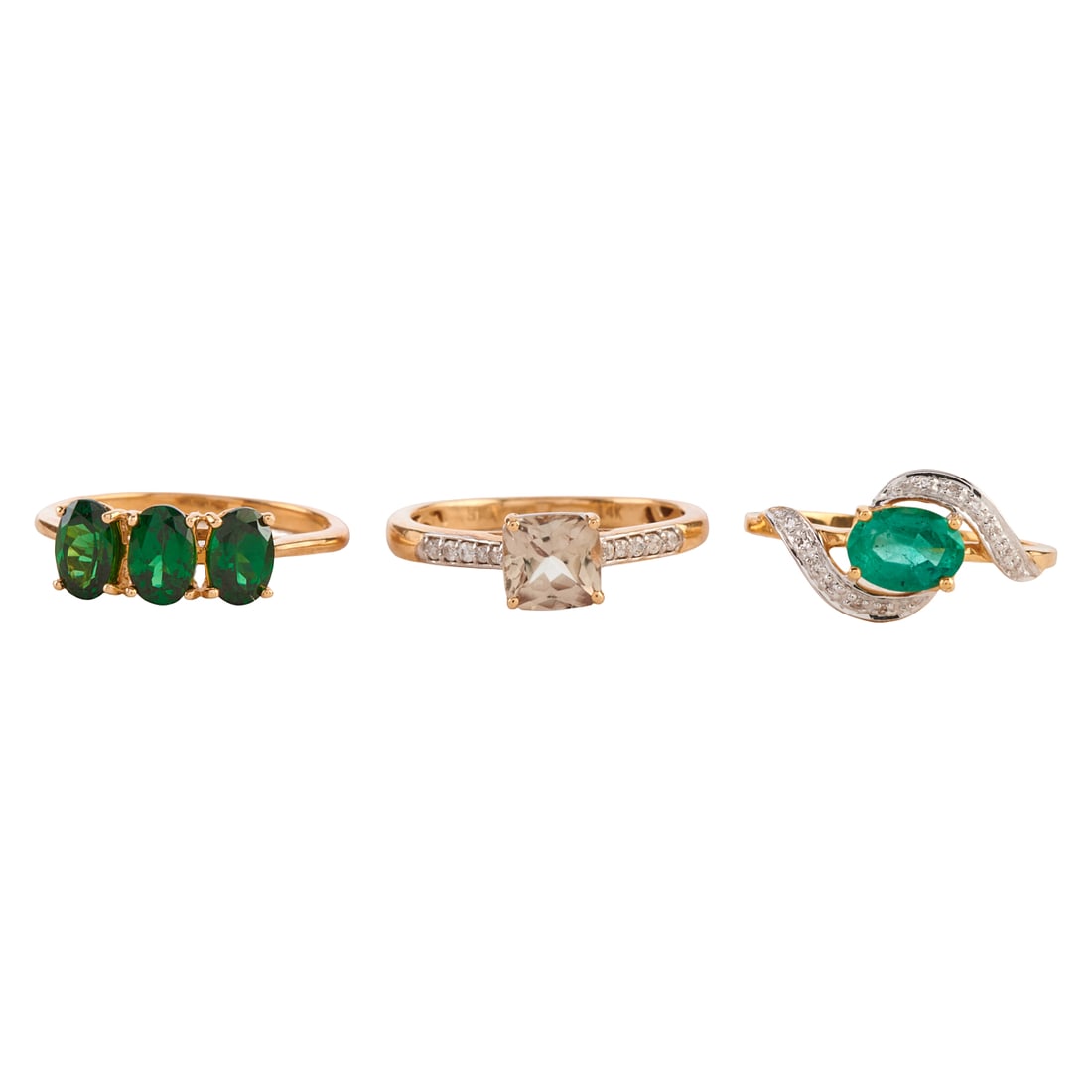 Collection of Three Green Multi-Stone, Yellow Gold Rings (1 of 6)
