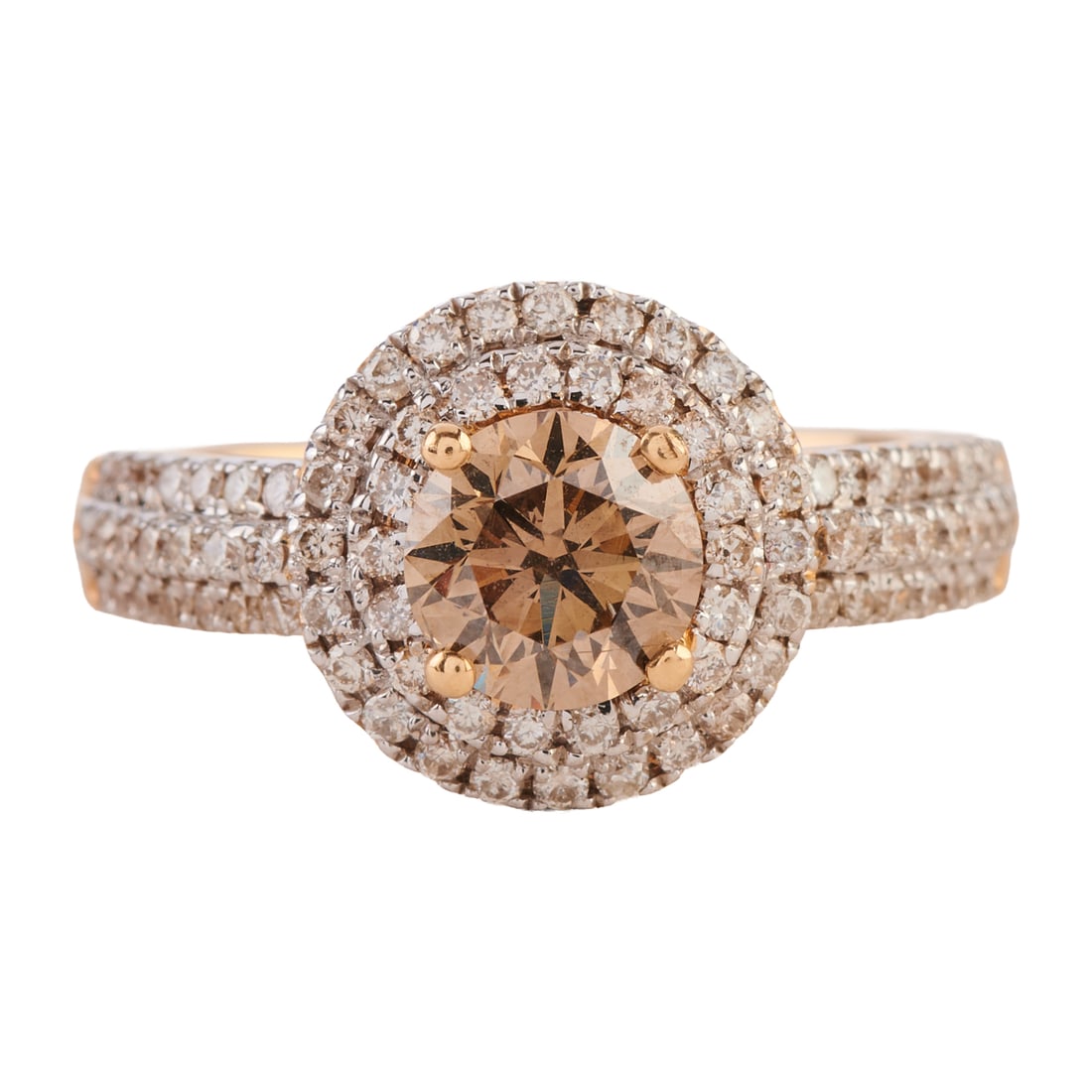 Brown Diamond, Diamond, 14k Gold Ring: Brown Diamond, Diamond, 14k Gold Ring. Centering one round brilliant-cut brown diamond weighing approximately 1.04 ct., accented by full-cut diamonds, set in a 14k yellow gold mounting. {Size: 7, Gros