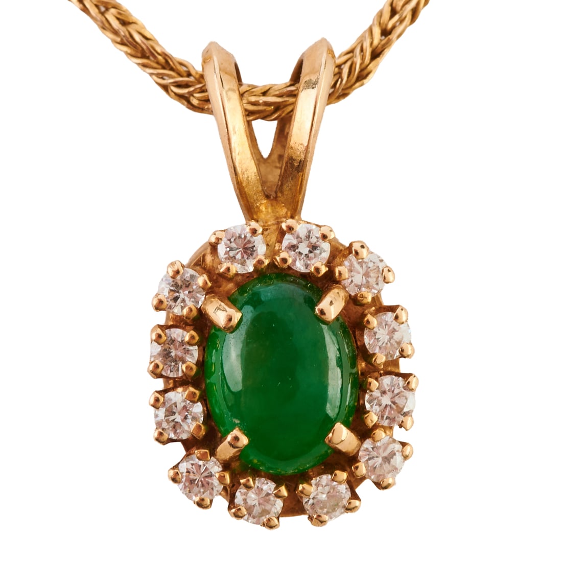 Jadeite Jade, Diamond, 14k Yellow Gold Pendant Necklace: Jadeite Jade, Diamond, 14k Yellow Gold Pendant Necklace. Featuring one oval shaped jadeite jade cabochon measuring approximately 6.9 x 5.2 mm, surrounded by twelve round-cut diamonds weighing a total 