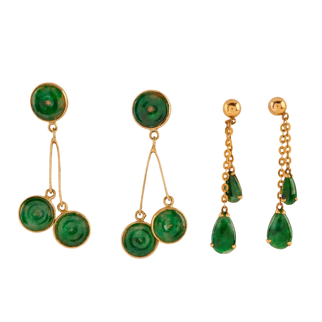 Two Pairs of Jadeite Jade, 14k Yellow Gold Earrings: Two Pairs of Jadeite Jade, 14k Yellow Gold Earrings. Including one pair of round jadeite jade disc, 14k yellow gold earrings measuring approximately 41 mm in length together with a pair of pear shaped