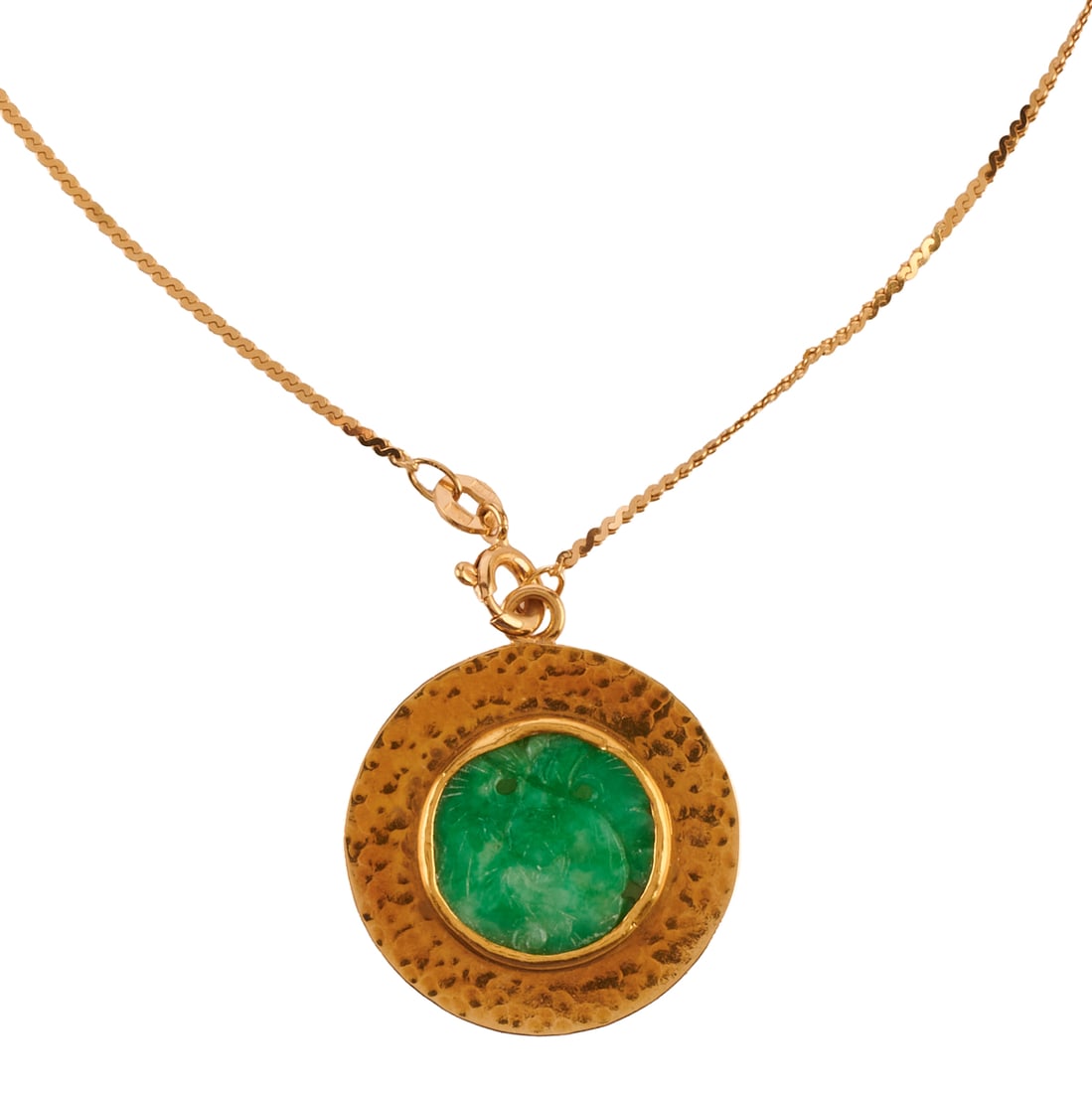 Jadeite Jade, Yellow Gold Pendant Necklace: Jadeite Jade, Yellow Gold Pendant Necklace. Featuring one carved jadeite jade plaque, set in an 18k yellow gold circle mounting measuring approximately 25 mm, suspended from a 14k yellow gold chain, f