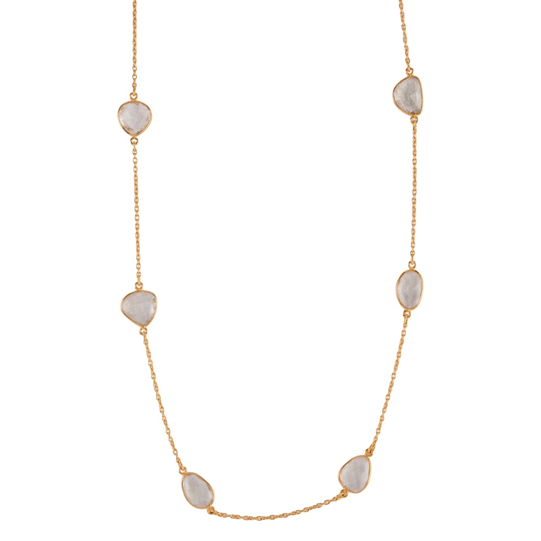 Rock Crystal Quartz, Vermeil Necklace: Rock Crystal Quartz, Vermeil Necklace. Featuring seventeen varying shaped, faceted-top rock crystal quartz, bezel set and linked by vermeil chain and mountings, completed by a lobster claw clasp, form