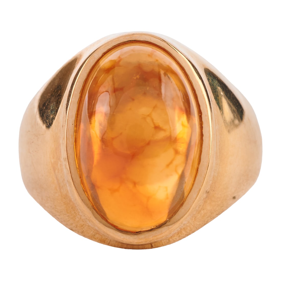 Mexican Fire Opal, 14k Yellow Gold Ring: Mexican Fire Opal, 14k Yellow Gold Ring. Featuring one oval shaped fire opal cabochon measuring approximately 14.5 x 9.8 mm, set in a 14k yellow gold mounting. {Size: 6 3/4, Gross Weight: 7.5 dwts}