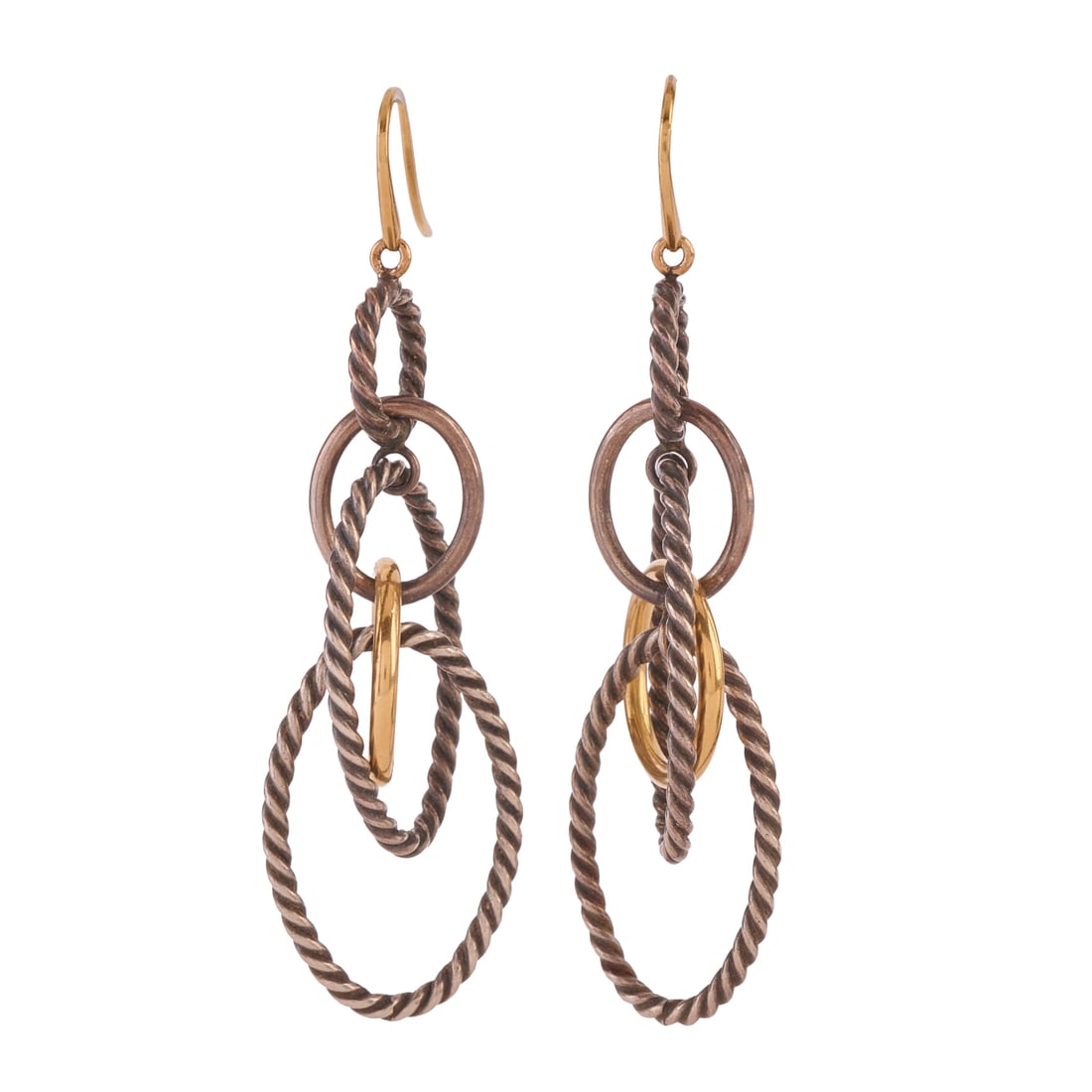 Pair of David Yurman 18k Yellow Gold, Sterling Silver Drop Earrings: Pair of David Yurman 18k Yellow Gold, Sterling Silver Drop Earrings. Each featuring one 18k yellow gold ring, centrally intertwined with sterling silver rope link motif round and oval shaped links, co