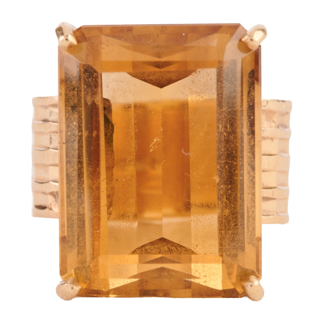 Citrine, 14k Yellow Gold Ring: Citrine, 14k Yellow Gold Ring. Featuring one emerald-cut citrine weighing approximately 14.95 cts., set in a 14k yellow gold mounting. {Size: 6 3/4, Gross Weight: 6.3 dwts}