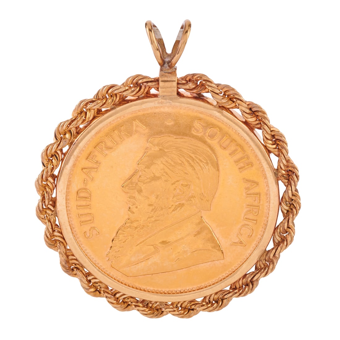 Krugerrand Gold Coin, 14k Yellow Gold Pendant: Krugerrand Gold Coin, 14k Yellow Gold Pendant. Featuring one 1978 South African Krugerrand 1 oz gold coin, set and framed in a 14k yellow gold rope link mounting and measuring approximately 39 mm. {Gr