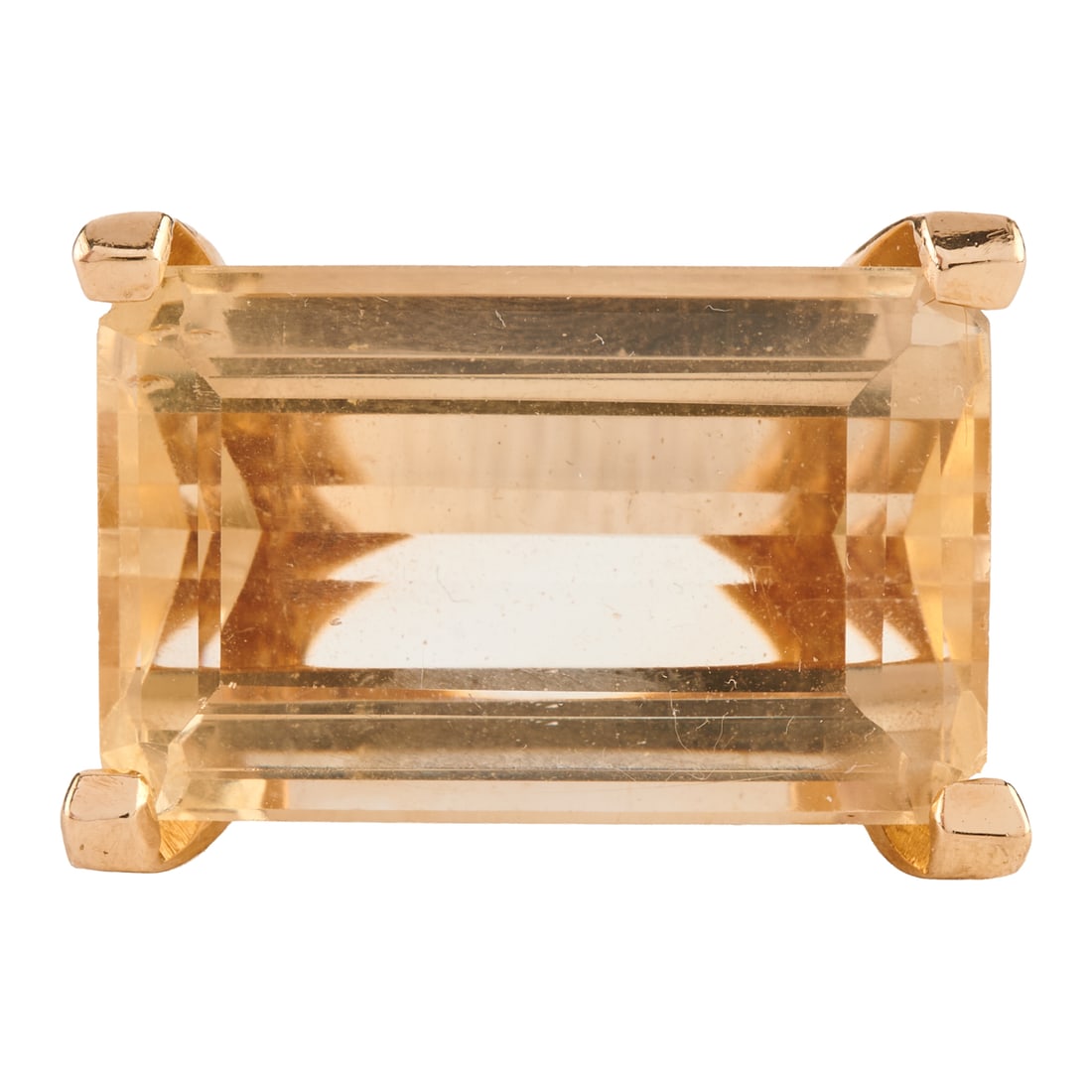 Citrine, 14k Yellow Gold Ring: Citrine, 14k Yellow Gold Ring. Featuring one emerald-cut citrine weighing approximately 23.10 cts., set in a 14k yellow gold mounting. {Size: 7 3/4, Gross Weight: 8.6 dwts}