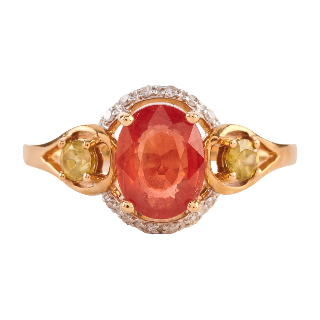 Multi-Stone, 14k Yellow Gold Ring: Multi-Stone, 14k Yellow Gold Ring. Centering one oval-cut orange sapphire, flanked by two round-cut sphene, accented by single-cut diamonds, set in a 14k yellow gold mounting. {Size: 7, Gross Weight: 